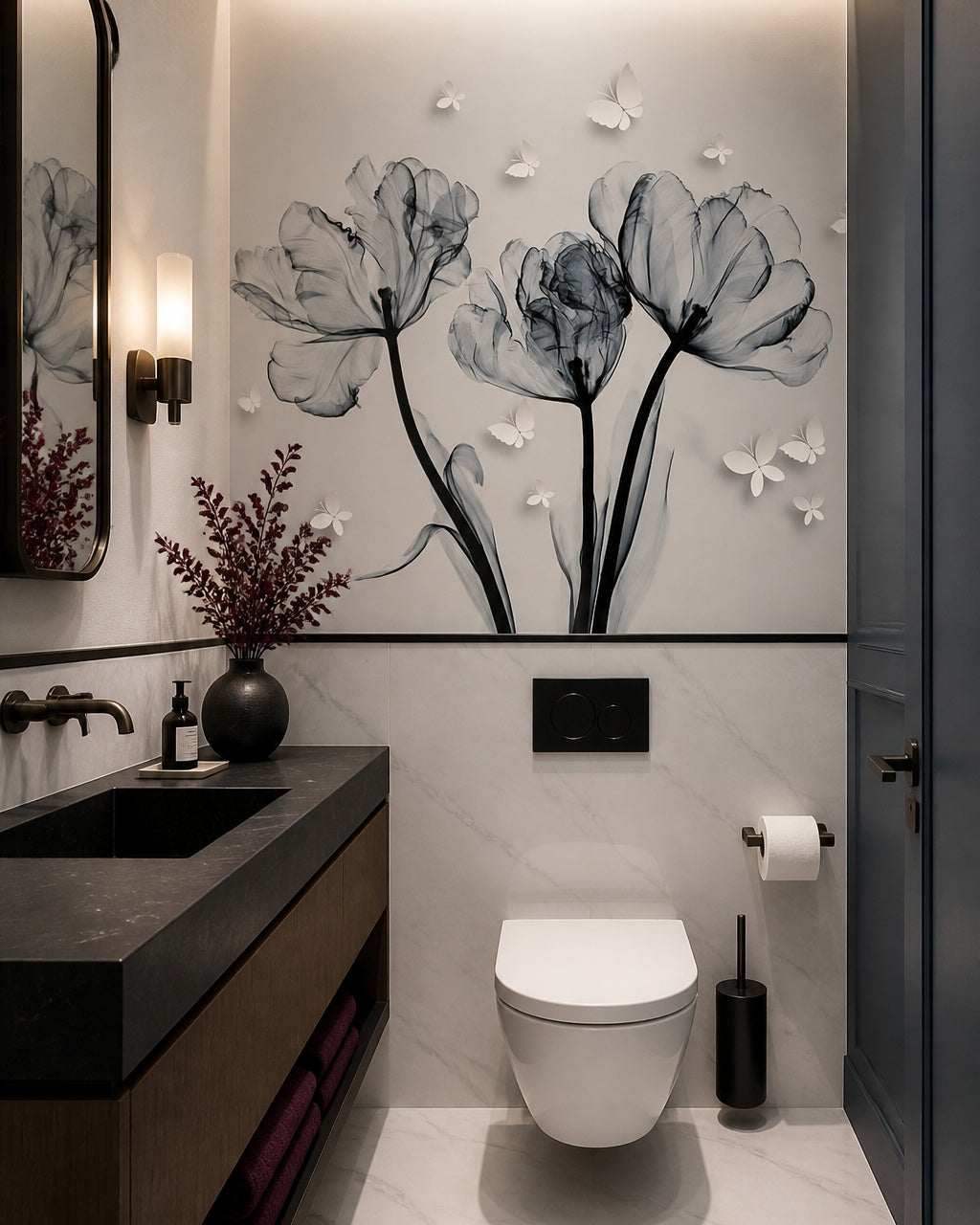 Blue tulips with butterflies wallpaper in an elegant powder room.