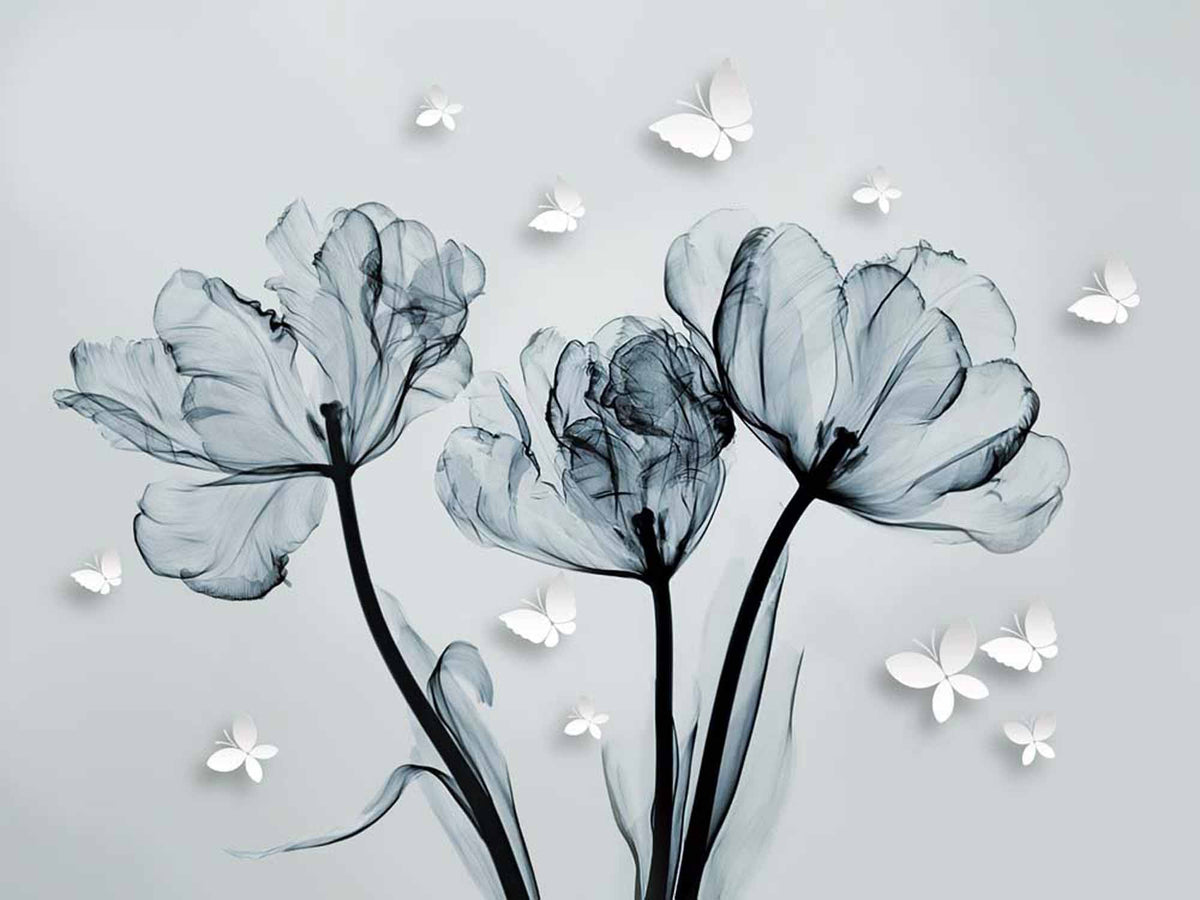 Papier peint tulipes bleues et papillons – Papier peint panoramique floral style radiographie