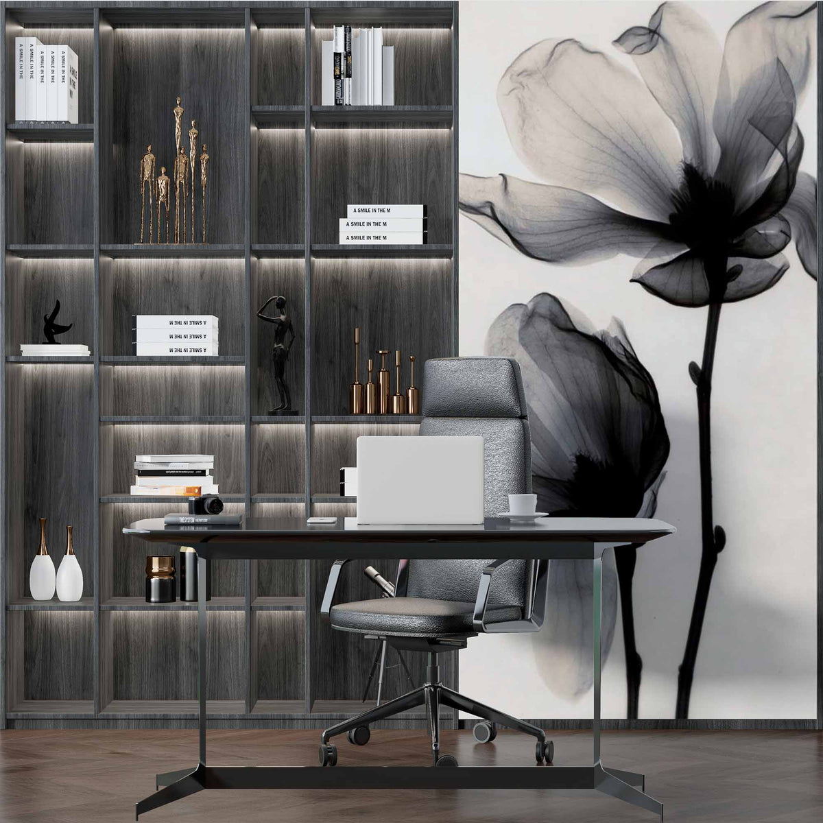 Elegant Black and White Floral Wall Mural - Transparent Petal Art Wallpaper