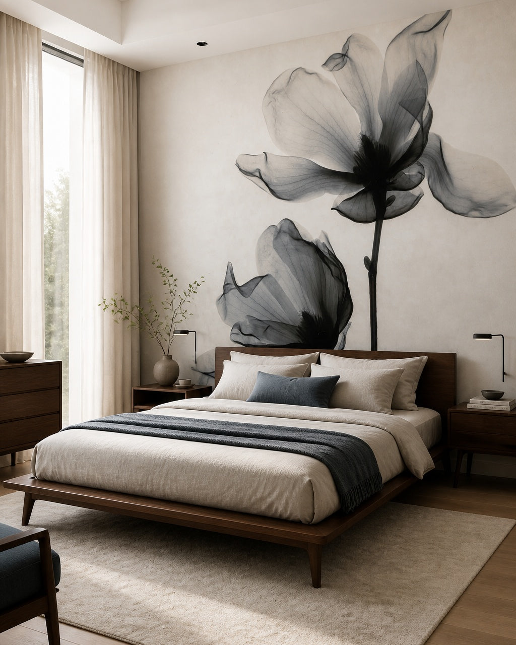 Transparent flower wallpaper in a designer bedroom.