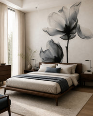 Transparent flower wallpaper in a designer bedroom.
