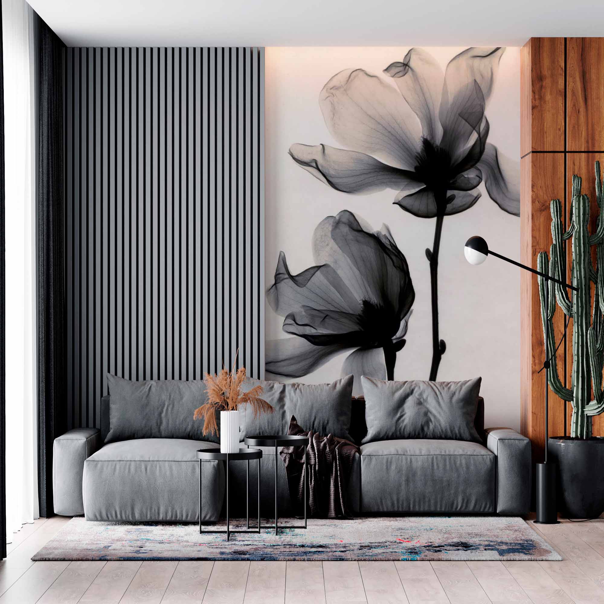 Elegant Black and White Floral Wall Mural - Transparent Petal Art Wallpaper