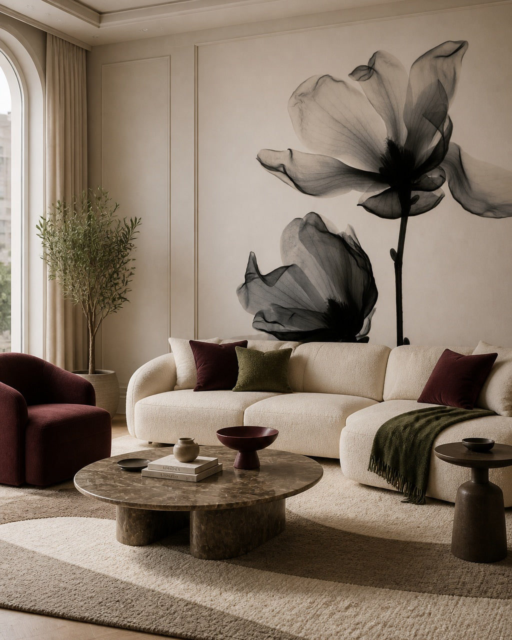 Transparent flower wallpaper in a designer living room.