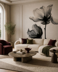 Transparent flower wallpaper in a designer living room.