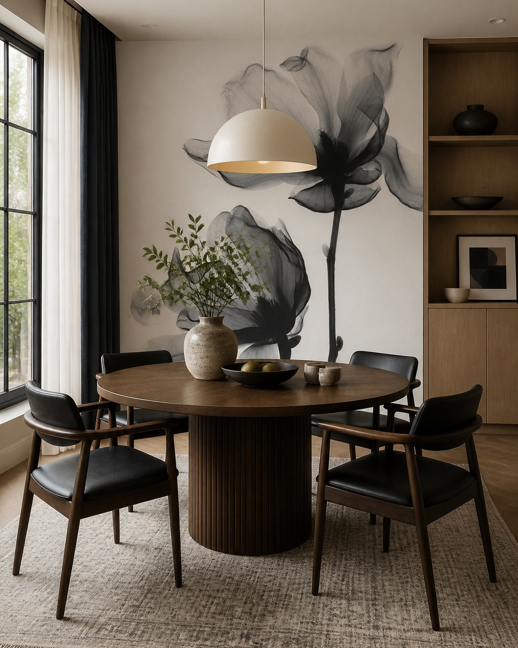 Transparent flower wallpaper in a refined dining area.