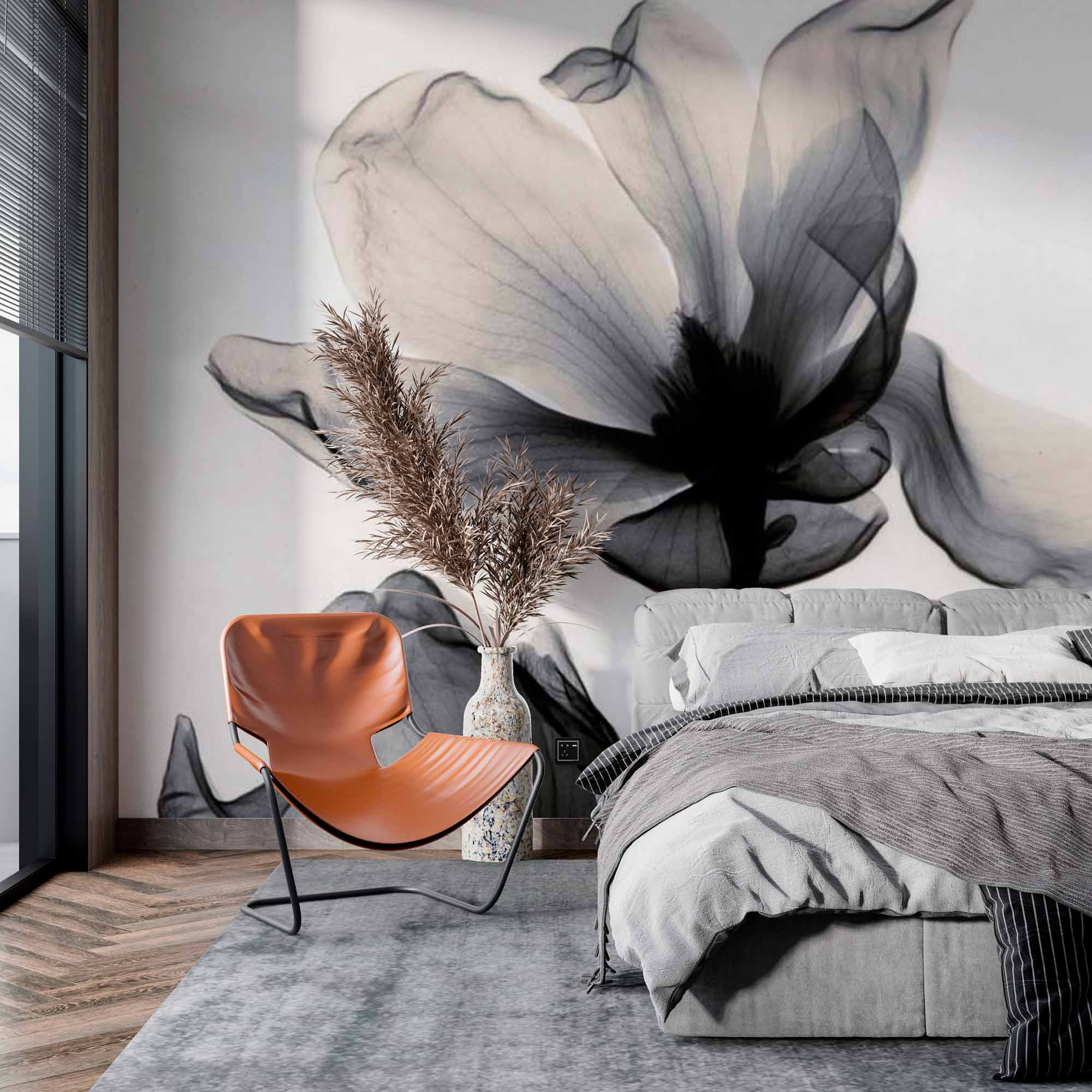 Elegant Black and White Floral Wall Mural - Transparent Petal Art Wallpaper