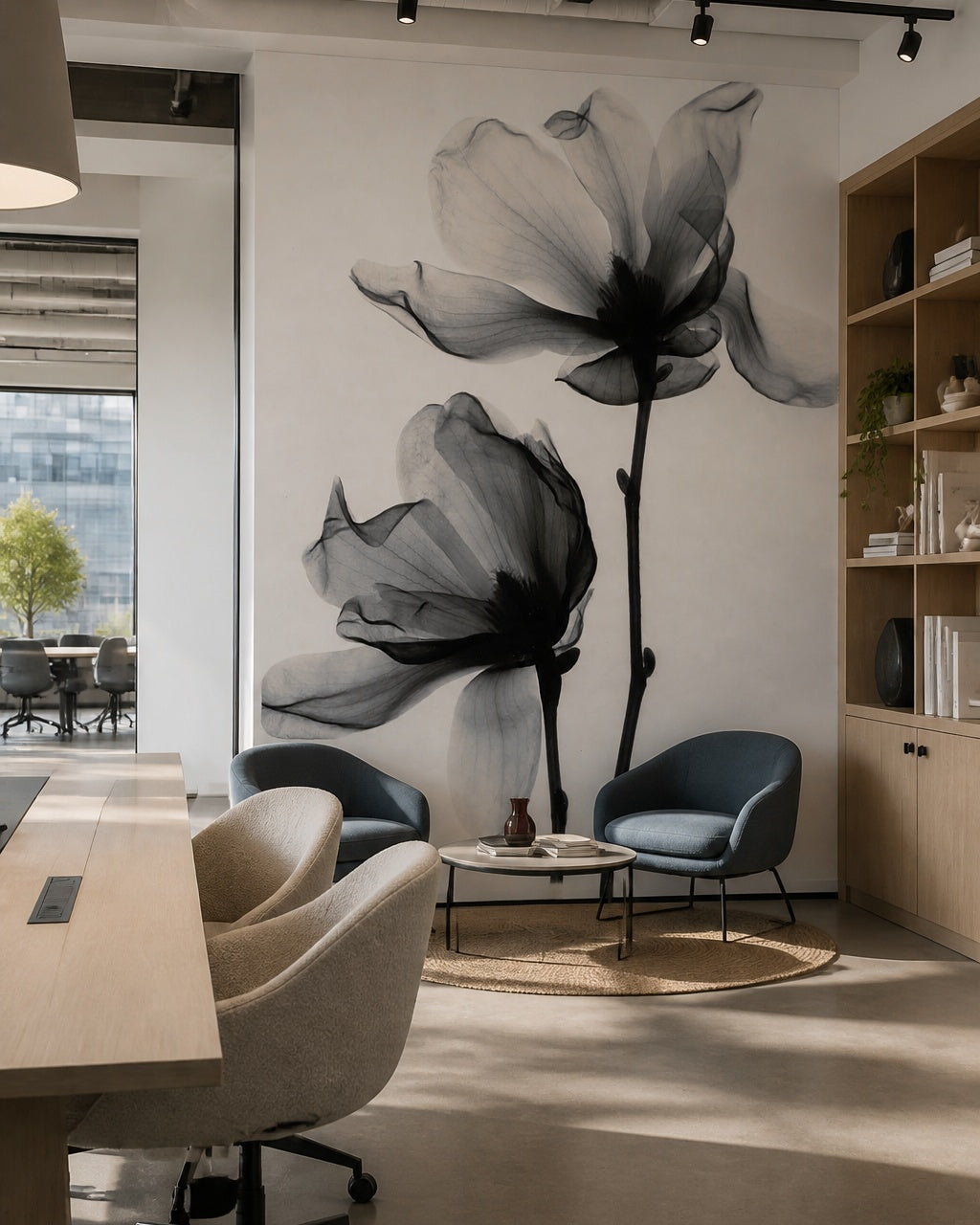 Transparent flower wallpaper in a creative office lounge.