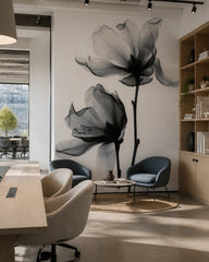 Transparent flower wallpaper in a creative office lounge.