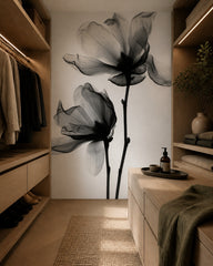Transparent flower wallpaper in a walk-in wardrobe.