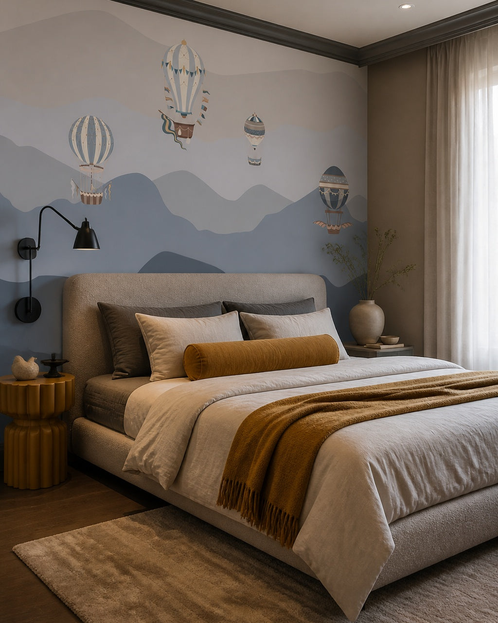 Vintage balloons over blue mountains wallpaper in a designer bedroom.