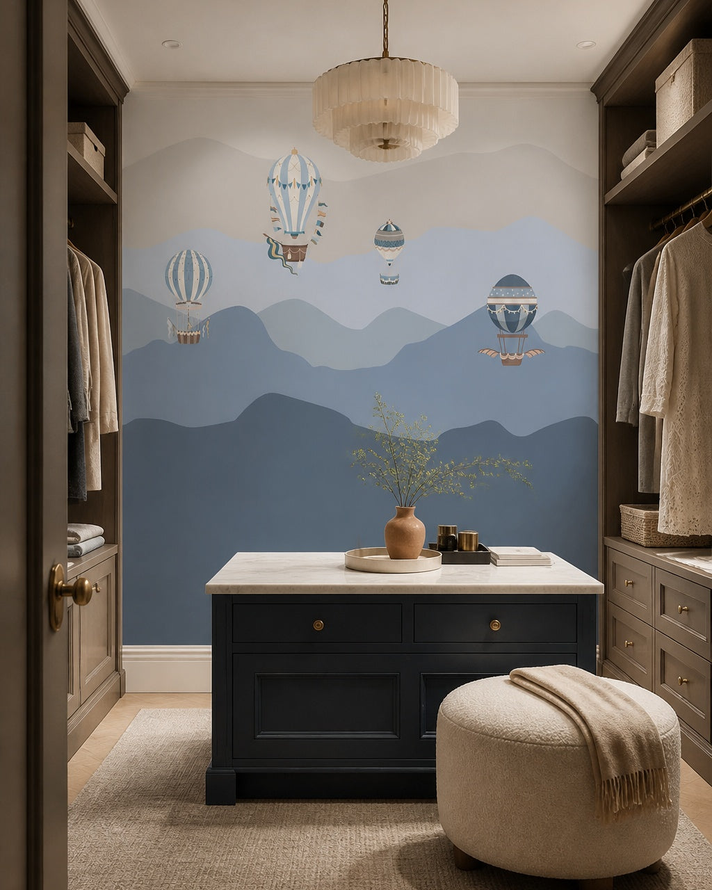 Vintage balloons over blue mountains wallpaper in a dressing room.