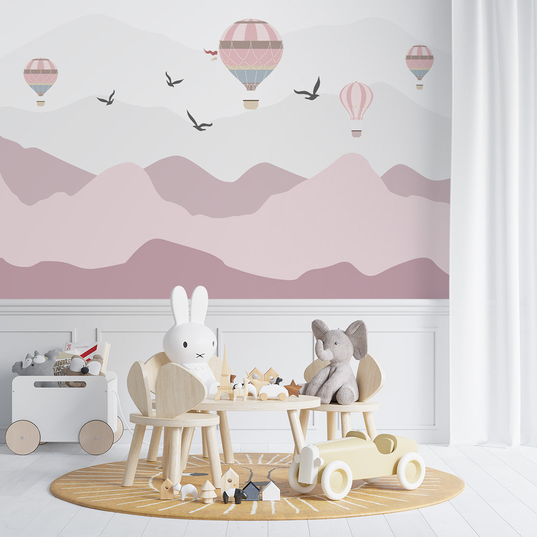 Custom Kids Wall Murals Pink Mountains Silhouette Balloons Wallpaper for Kids