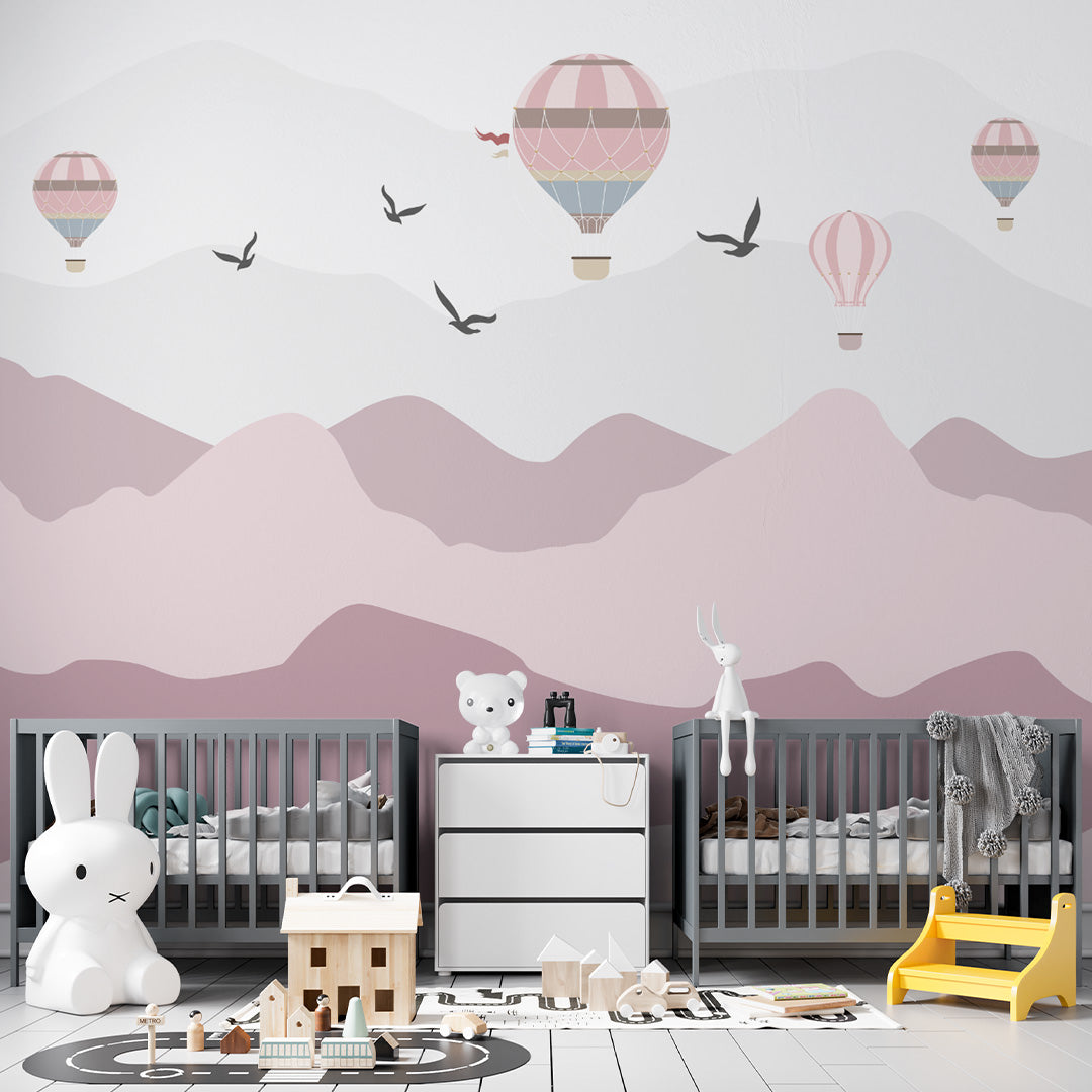 Kids Wall Murals Pink Mountains Silhouette Balloons Wallpaper for Kids