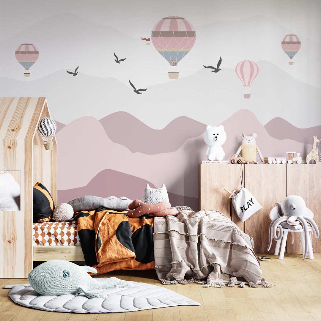 Kids Wall Murals Pink Mountains Silhouette Balloons Wallpaper for Kids