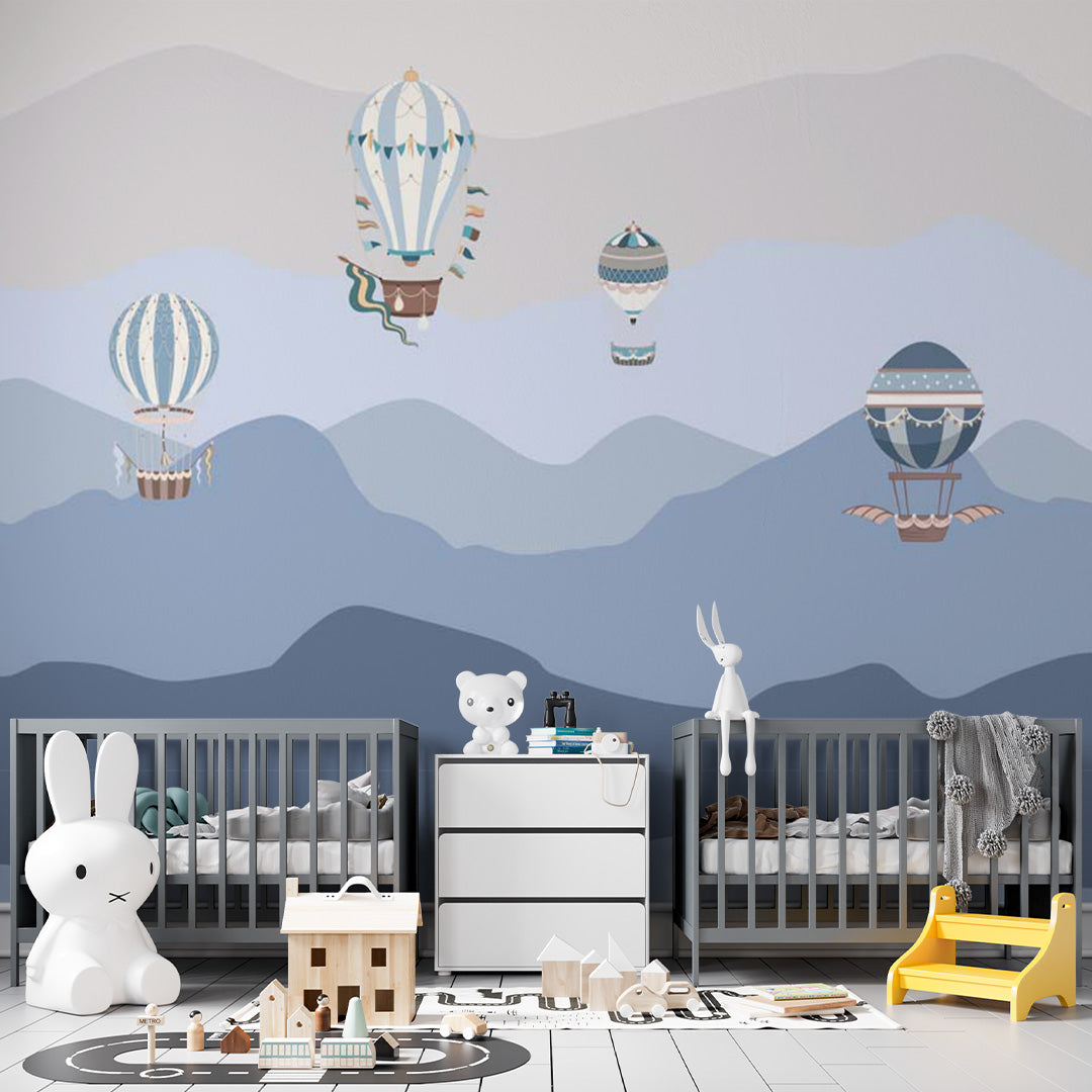 Kids Wall Murals Blue Mountains Silhouette Balloons Wallpaper for Kids