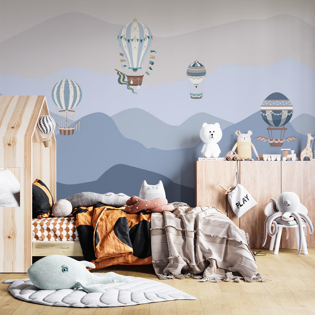 Kids Wall Murals Blue Mountains Silhouette Balloons Wallpaper for Kids