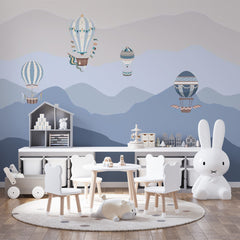 Custom Kids Wall Murals Blue Mountains Silhouette Balloons Wallpaper for Kids