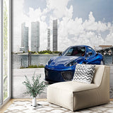 Modern Sports Car with City Skyline Wall Mural Wallpaper - Blue Ferrari in Urban Setting