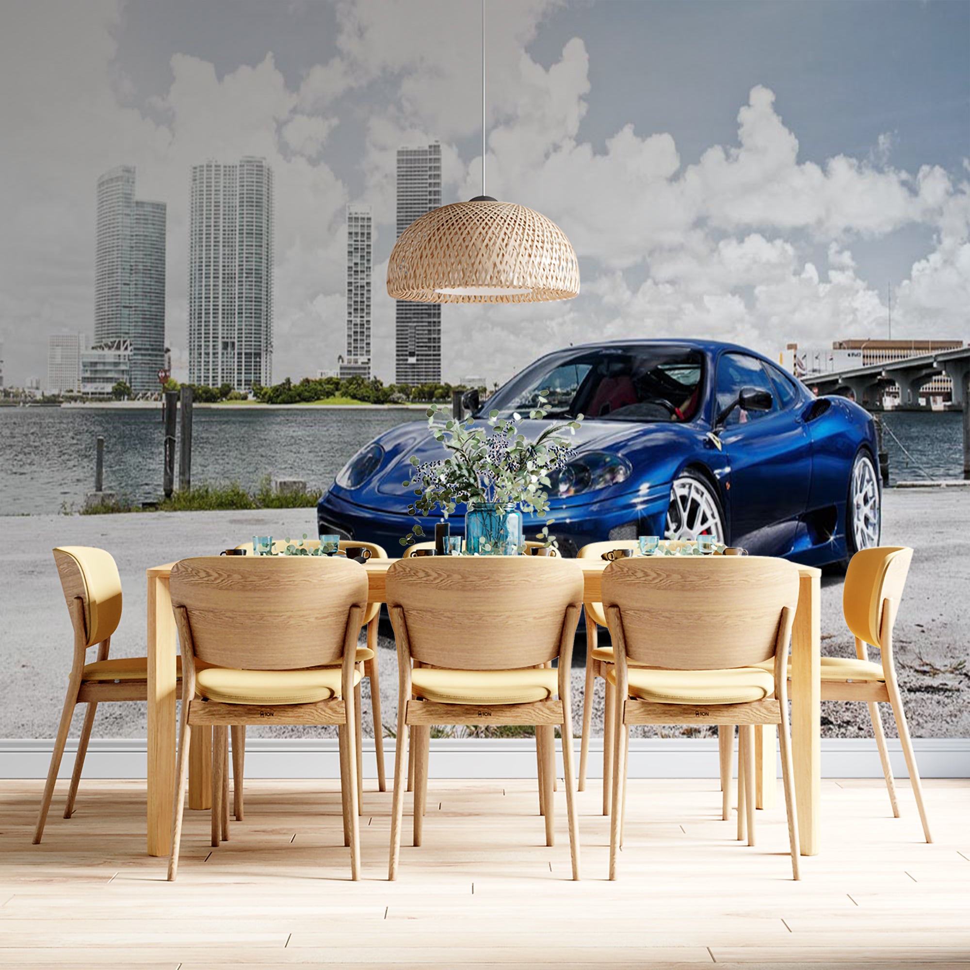 Modern Sports Car with City Skyline Wall Mural Wallpaper - Blue Ferrari in Urban Setting