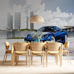 Custom Modern Sports Car with City Skyline Wall Mural Wallpaper - Blue Ferrari in Urban Setting