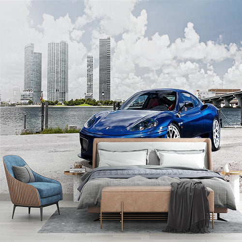 Modern Sports Car with City Skyline Wall Mural Wallpaper - Blue Ferrari in Urban Setting