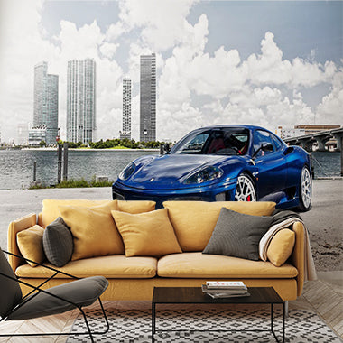 Modern Sports Car with City Skyline Wall Mural Wallpaper - Blue Ferrari in Urban Setting