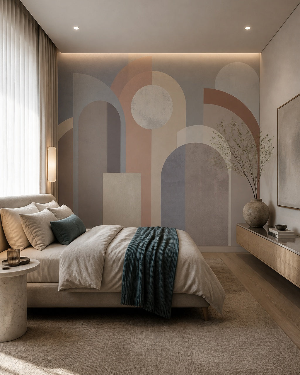 Art Deco arches wallpaper in a designer bedroom.