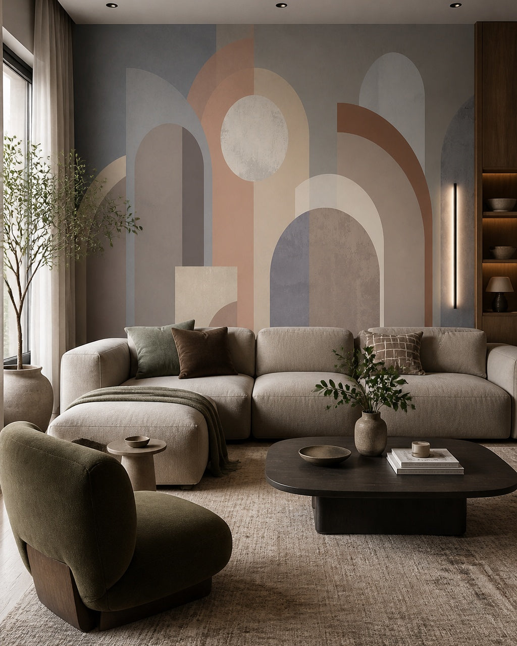 Art Deco arches wallpaper in a designer living room.