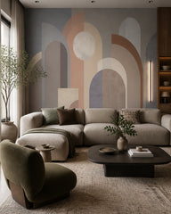 Art Deco arches wallpaper in a designer living room.