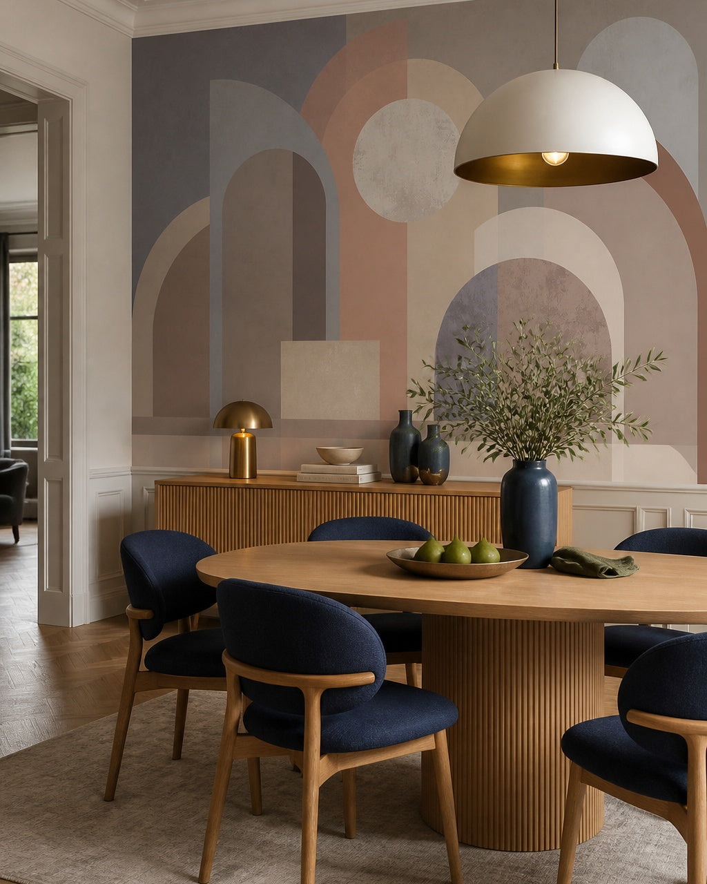 Art Deco arches wallpaper in a refined dining area.