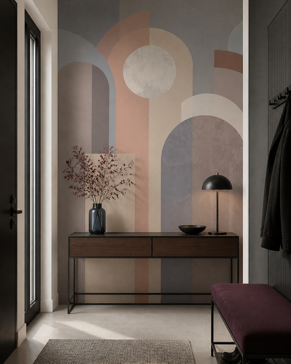 Art Deco arches wallpaper in a refined foyer.