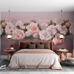 Custom Blooming Pink Rose Wall Mural Tender Flowers Elegant Wallpaper