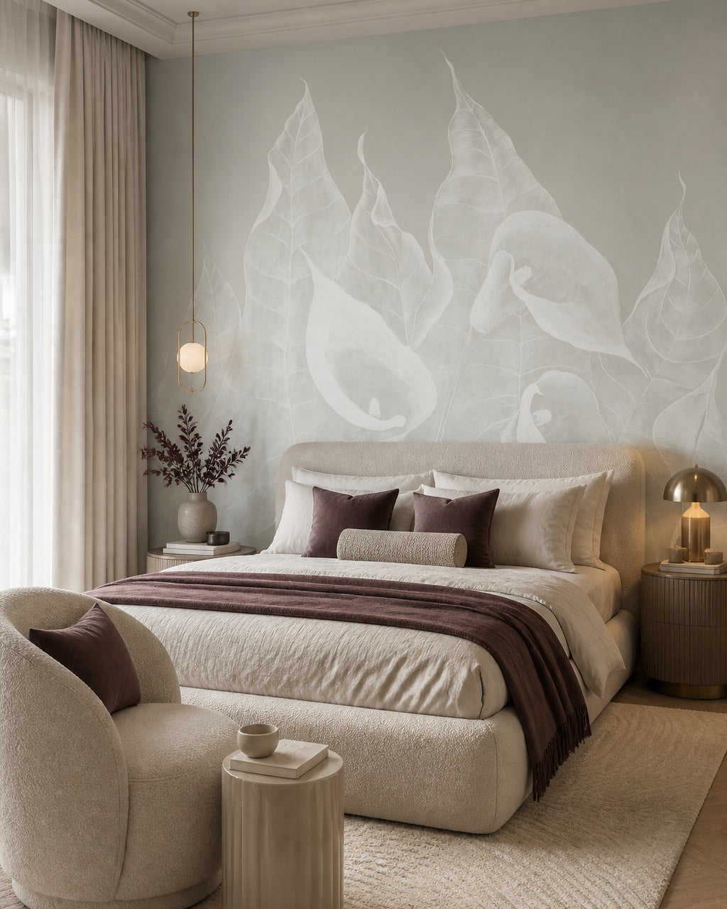 White calla lily wallpaper in a designer bedroom.