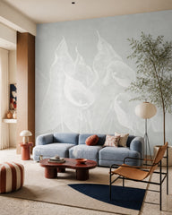 White calla lily wallpaper in a designer living room.