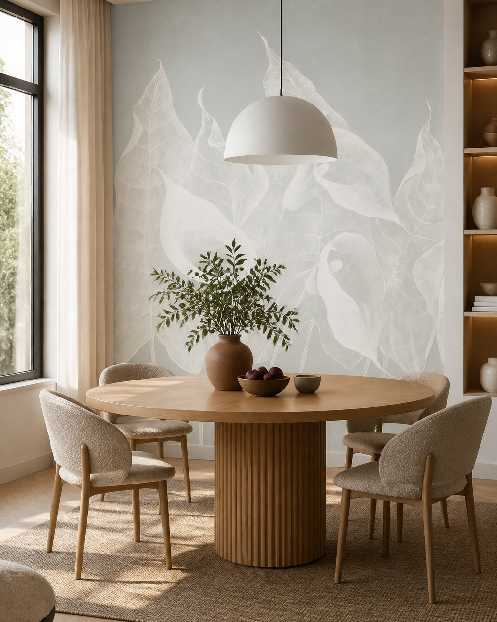 White calla lily wallpaper in a refined dining area.