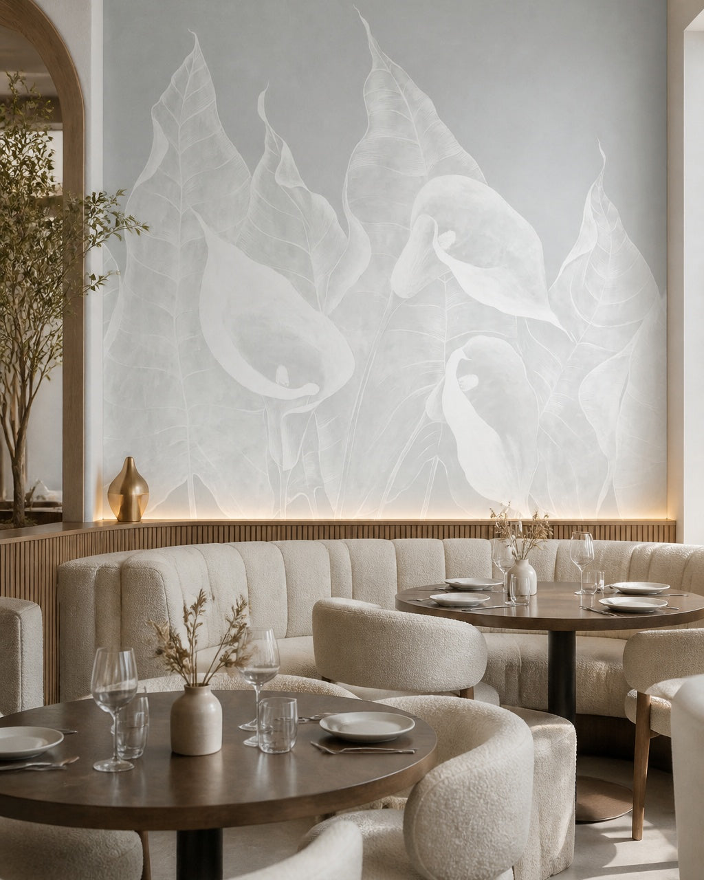 White calla lily wallpaper in a restaurant.
