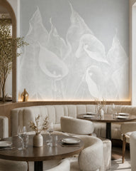 White calla lily wallpaper in a restaurant.