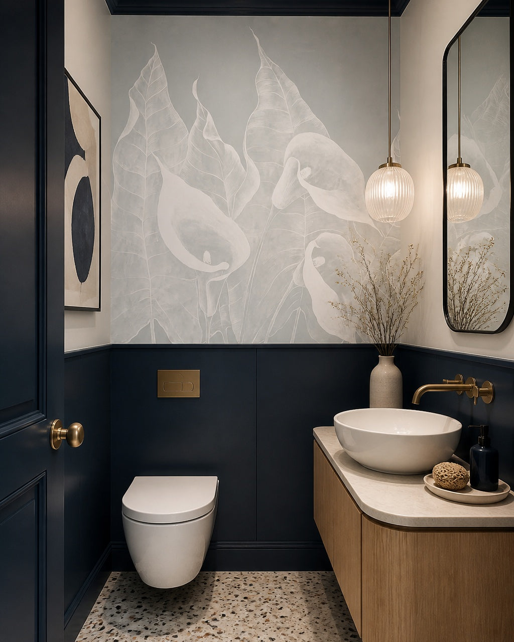 White calla lily wallpaper in an elegant powder room.