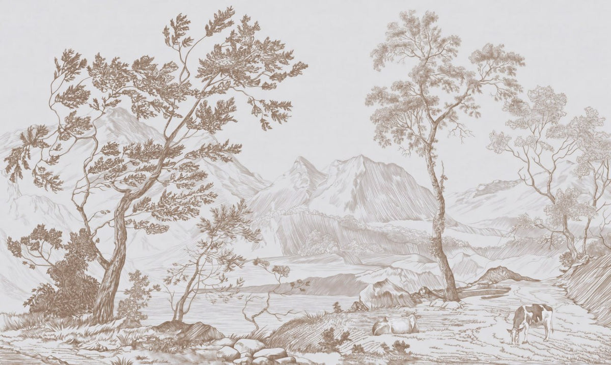 Papier peint toile paysage taupe – Panoramique arbres gravés et montagnes
