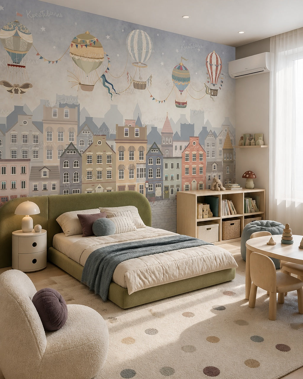 Vintage balloon adventures kids room wallpaper in a toddler bedroom with a child-sized bed.