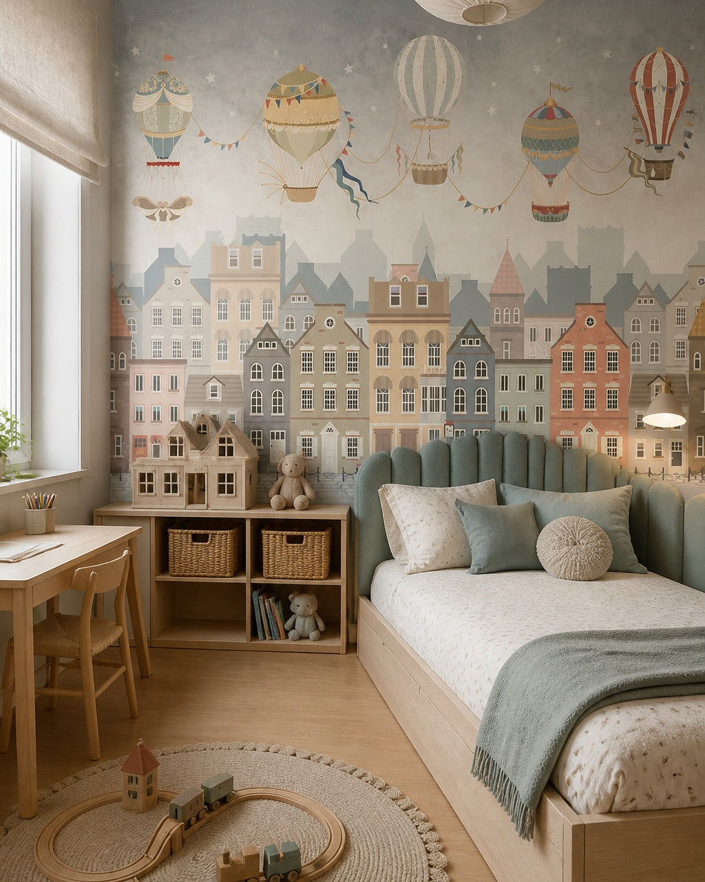 Vintage balloon adventures kids room wallpaper in a girl’s bedroom.