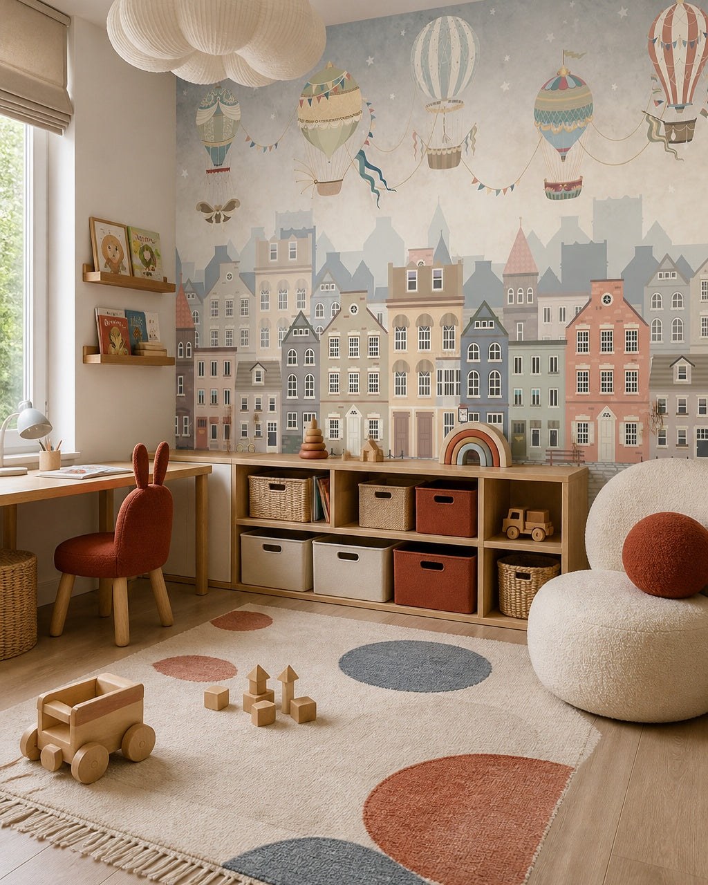 Vintage balloon adventures kids room wallpaper in a children’s playroom.