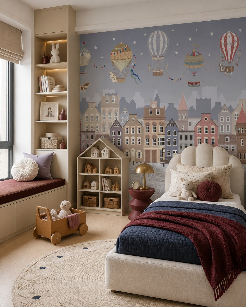 Vintage balloons over the twilight town wallpaper in a girl’s bedroom.