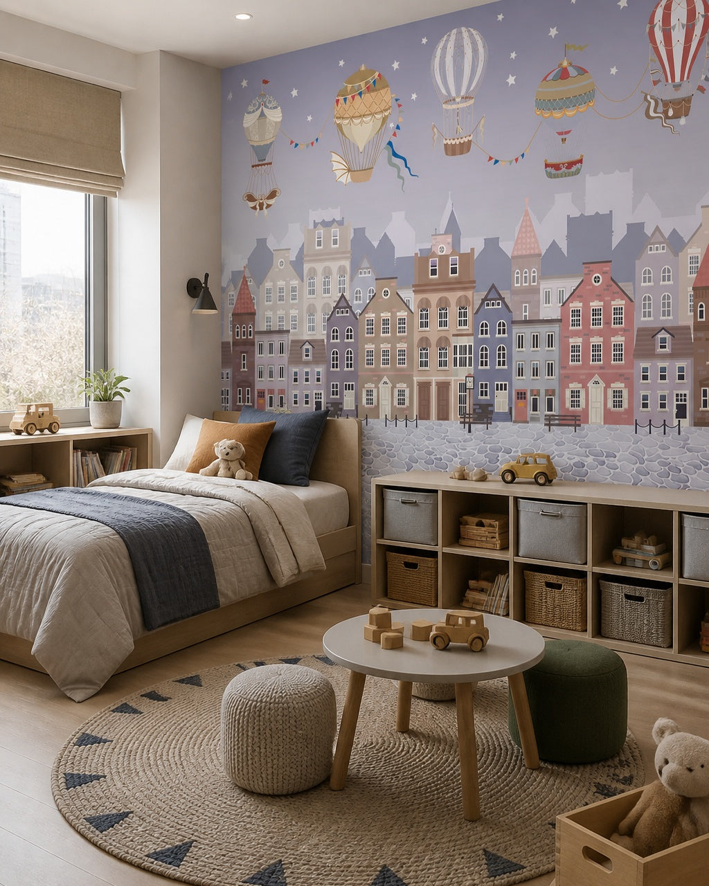 Vintage balloons over the twilight town wallpaper in a boy’s bedroom.