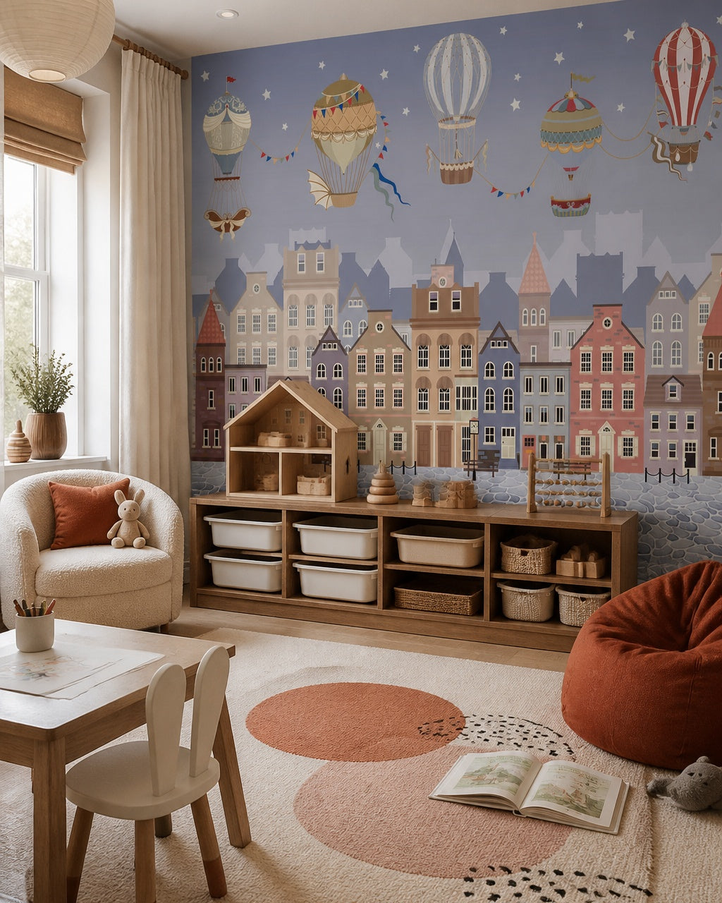 Vintage balloons over the twilight town wallpaper in a children’s playroom.