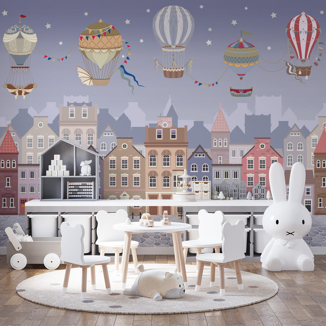 Kids Wall Mural Night Sky Old Market Square Buildings Balloon Wallpaper for Girl