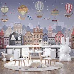 Custom Kids Wall Mural Night Sky Old Market Square Buildings Balloon Wallpaper for Girl