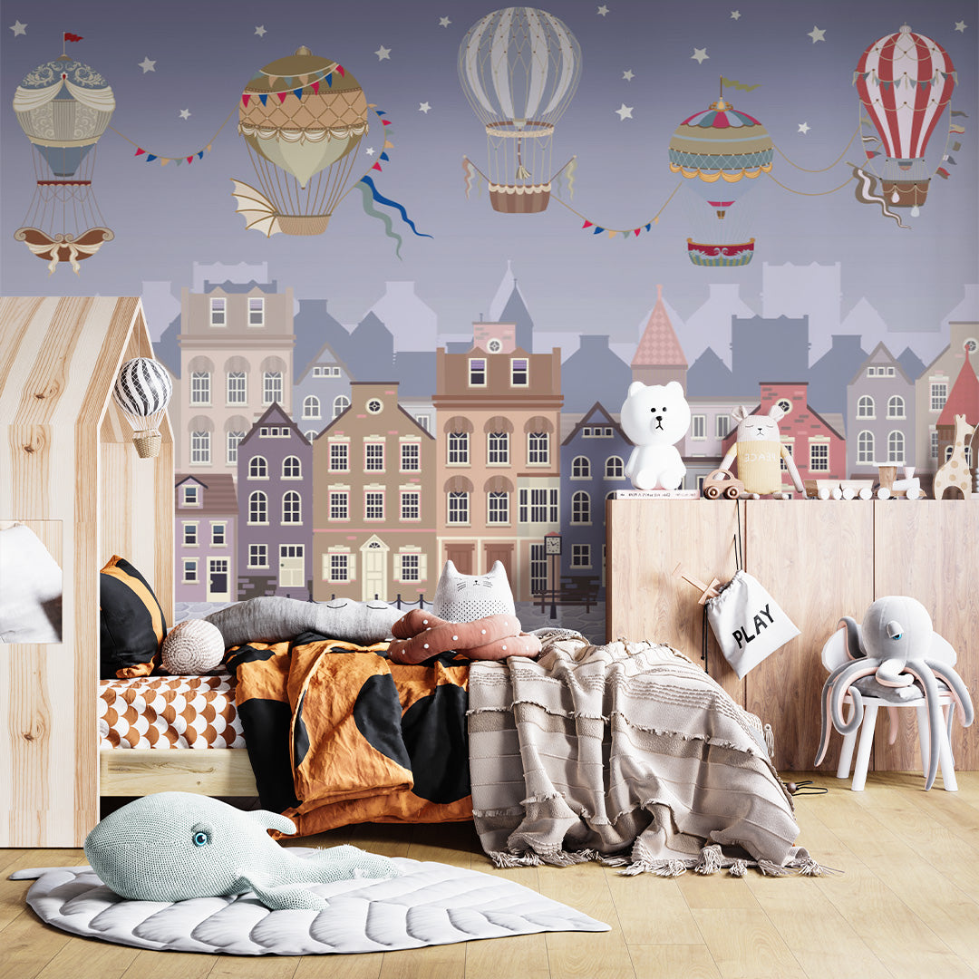 Kids Wall Mural Night Sky Old Market Square Buildings Balloon Wallpaper for Girl