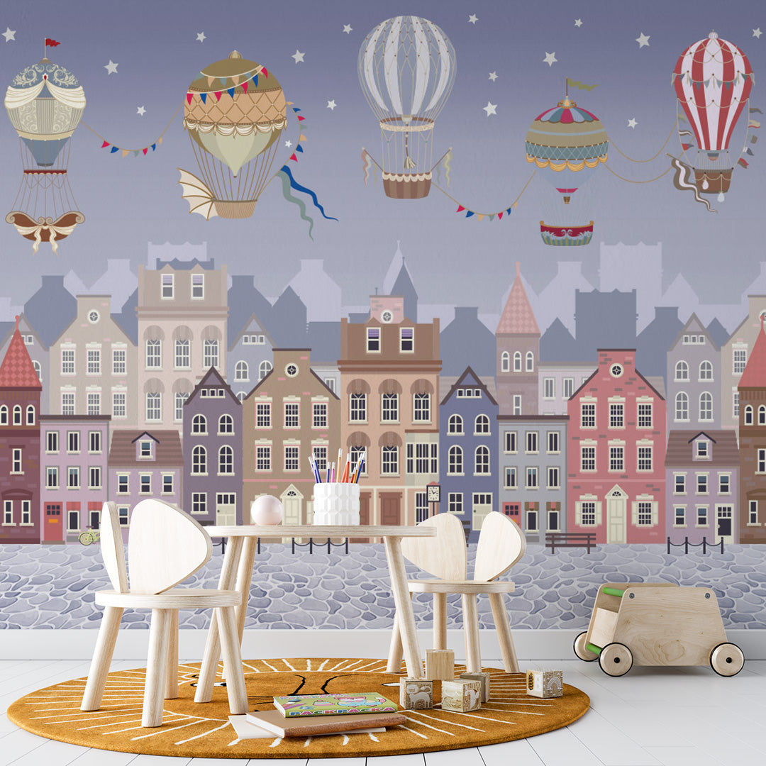 Kids Wall Mural Night Sky Old Market Square Buildings Balloon Wallpaper for Girl