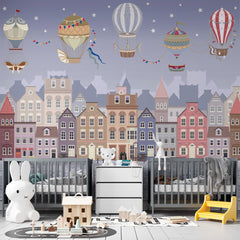 Custom Kids Wall Mural Night Sky Old Market Square Buildings Balloon Wallpaper for Girl